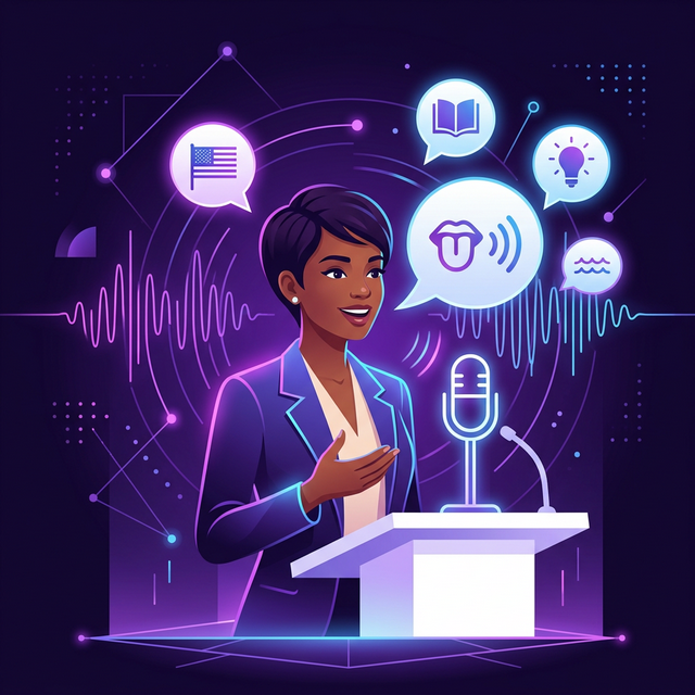 Akıcı İngilizce konuşma pratiği yapan kişi ve konuşma baloncukları illüstrasyonu